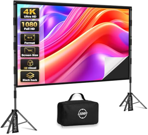 Pantalla de Proyector con Soporte 120 Pulgadas – LEORFI Pantalla Proyección Portátil Interior Exterior con Fondo Negro, 16:9 4K HD, Antiarrugas, Bolsa de Transporte para Cine en Casa y Jardín