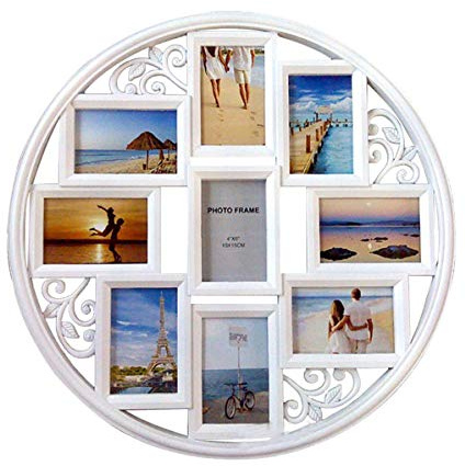 MKUN 4x6 Wall Collage Picture Frames - Round Circular Wall hanging Picture Photo Collage Frame with leaf decoration, 9- Opening (White)
