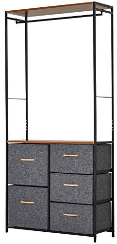 HOMCOM Chest of Drawers with Coat rack Steel Frame 5 Drawers Bedroom Hallway Home Furniture Black Brown
