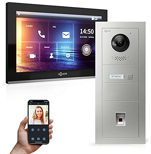 Goliath Hybrid - IP | Full-HD Video Türsprechanlage | App | 1-Fam | 1 x Full-Touchscreen 10 | Aluminium Unterputz Türstation | + Fingerprint | 180° Ultra-Weitwinkel | AV-IPS-553