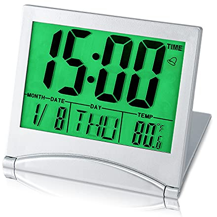 KANBIT Small Digital Travel Alarm Clock Battery Operated, Portable LCD Large Display Alarm Clock with Backlight, Temperature Desk Clock -Silver(Green Light)