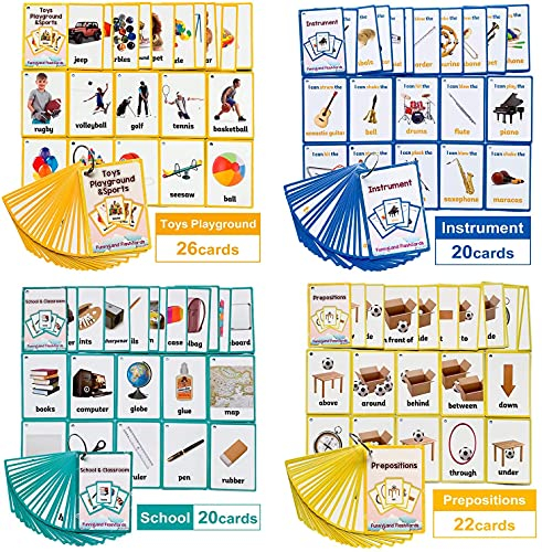 HONTOUSIP Lernkarten für Spielzeug und Sport/Instrument/Klassenzimmer/Präpositionen für Kinder, für Kindergarten/Lehrer/Autismus-Therapeuten, Werkzeuge und Spielzeug