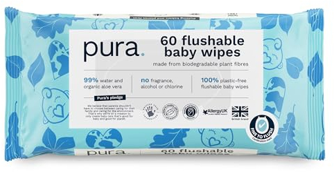 Pura Eco Flushable Baby Wipes - 1 Pack (60 Wipes) 100% Plastic Free, 99% Water, Suitable for Sensitive, Eczema Prone Skin, Newborn Baby & Toddlers, Biodegradable, Vegan, Potty Training