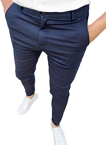 ORANDESIGNE Hommes Chino Pantalon Slim Fit Couleur Unie Mode Casual Élastique Business Coupe Ajustée Décontracté d'Affaires B Bleu S