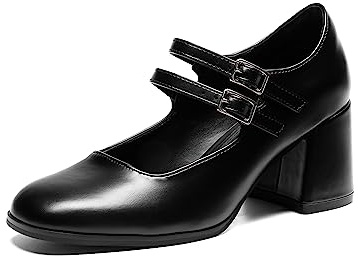 DREAM PAIRS Mary Janes, scarpe décolleté da donna con tacco medio, punta quadrata, Poliuretano nero., 43 EU