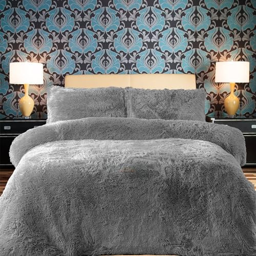 PARADISE STAR Set di biancheria da letto con copripiumino e federa coordinata in pile effetto peluche, soffice, termico, caldo e accogliente, colore argento, per letto singolo, circa 135 x 200 cm