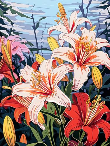 DIY Diamond Painting, Beau bouquet de lys, C 5D Diamant Peinture Pleine Ronde perceuse Kits collé Arts Artisanat Maison décoration Murale