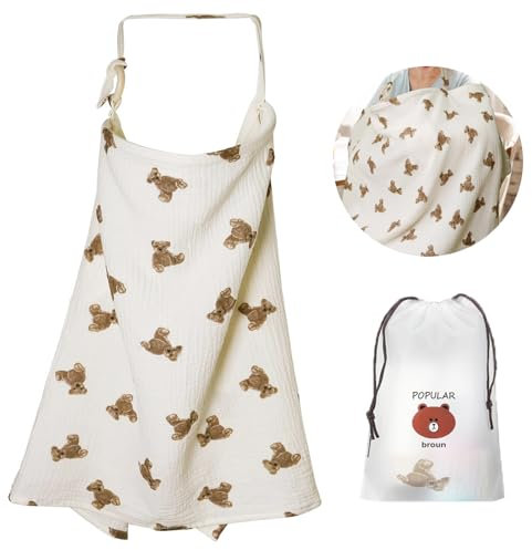 Stilltuch Musselin-Stillbezug für Babys Stillen Abdeckung Baumwolle Stillschal Stilltuch Atmungsaktiv und Leicht für Unterwegs Sichtschutz - KAMHBE (Bär)