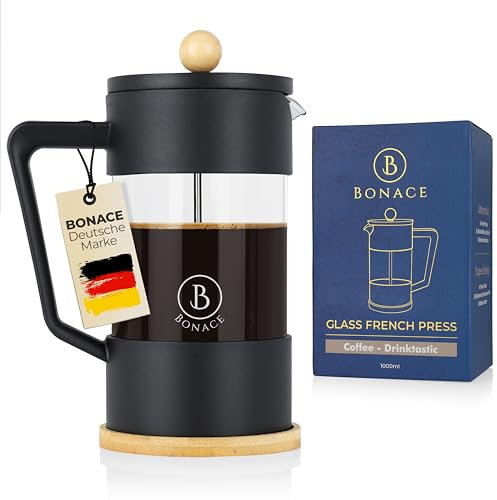 BONACE French Press aus Glas | Kaffebereiter für ca. 3 Tassen | Kaffepresse 600ml | Farbe Schwarz | 2 Ersatzfilter aus Edelstahl | mit Bambusuntersetzer | BPA-FREE | Geschenkbox (600ml)