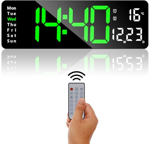 ALEENFOON 13 Large Digital Wall Clock With Remote Control, Dual Alarms, Temperature/Date/Time Display, Adjustable Brightness, Countdown Timer for Home, Gym, Office (Green)