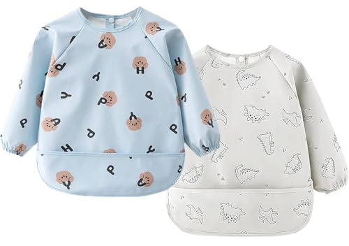 KMAHBE Baby Bibs with Long Sleeves and Large Pocket Baby Weaning 2 Pack Pu Waterproof Toddler Bibs From 6 Months to 24 Months