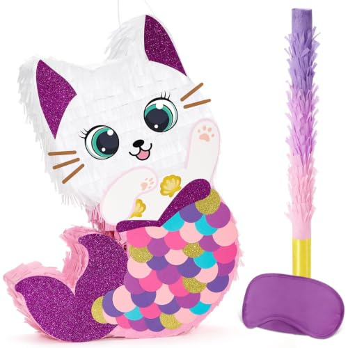 WERNNSAI Pinata Chat Sirène - Décoration de Fête d'Anniversaire pour Filles, Pinata Sirène Chat avec Bandeau et Bateau, Fournitures de Fête Sous-Marine, Décoration pour Fête Prénatale et Été