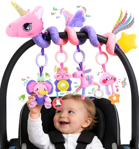 Zendstanding Musical Car Seat Toy for Babies 0-12 Months Girl, 5-in-1 Sensory Activity Hanging Toy Stroller Toy with Soothing Music, Rattle, Mirror for Newborn Infants Essential Gifts, Unicorn