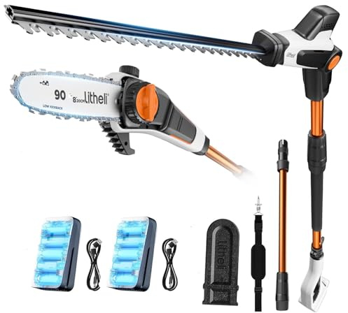 Litheli 20V 2-in-1 Akku Teleskop Heckenschere & Hochentaster mit Zwei Akku, 47 cm Stabheckenschere, abwinkelbarer Kopf und Verlängerungsstange zum Schneiden von Ästen, Trimmen.