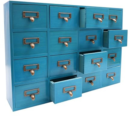 Armario de almacenamiento de 16 cajones, cajonera farmacéutico de madera con asas de metal, organizador de escritorio azul para oficina, salón, cocina, farmacia