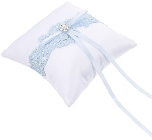SHINEOFI Oreiller à Bagues en Dentelle Ruban Décoratif et Nœud Coussin Porte-Alliances Bleu Ciel Léger et Facile à Transporter pour Cérémonie de Mariage ou Fiançailles
