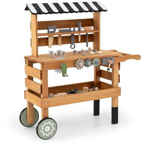 COSTWAY Wooden Kids Tool Bench, 2-in-1 Toddler Workbench Rolling Cart with Play Tools Set, Canopy and Wheels, Toddlers Construction Pretend Role Play Set for Boys Girls Ages 3+