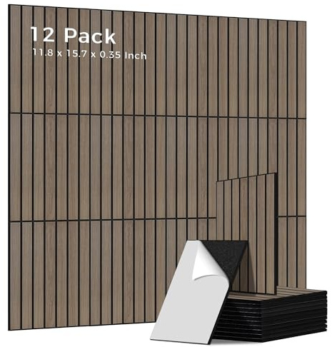 AUTORIFIC 12 Pack PVC Wood Grain Acoustic Wall Panels, 11.8 x 15.7 x 0.35 Inch Wall Panels Peel and Stick 100% Polyester Fiber Acoustic Wood Panels for Home, Office, Studio, Theater,Walnut