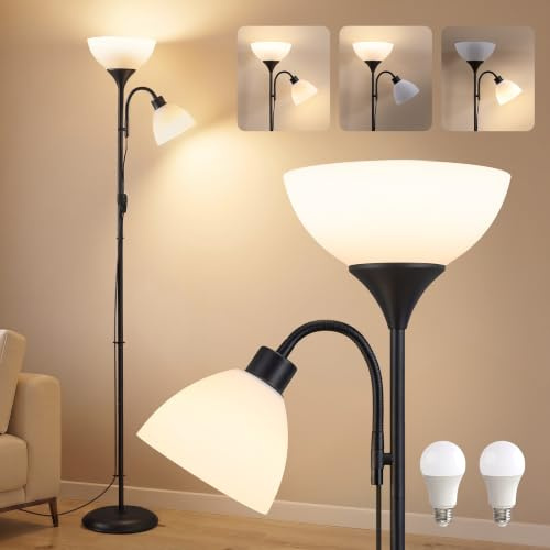 VASAGLE Lámpara de Pie LED de Hierro, con Luz de Lectura Ajustable | con Bombilla, 38,5 x 23,5 x 176 cm, para Salón y Oficina, Negro Mate, Colección LUSIA LFL019B202