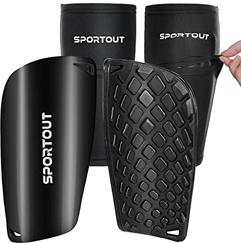 Sportout Erwachsene und Jugend Kinder Fußball Schienbeinschoner,umfassender Schutz für Ihr Bein, mit gepolstertem Knöchelschutz zur Vermeidung von Verletzungen (Schwarz, L)