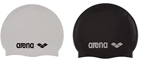 ARENA Unisex Badekappe Classic Silikon (Verstärkter Rand, Weniger Verrutschen der Kappe, Weich), White-Black (15), One Size & Unisex Badekappe Classic Silikon, Black-Silver (55), One Size