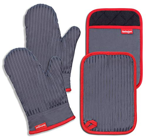 Coziselect Guanti da Forno,Guanti Cucina con Inserti in Silicone Antiscivolo,Set di 4 Guanti Gorno alta Temperatura,Resistente al Calore 260°C,Adatti per Cottura,Cottura al Forno,Grigliate,Grigio
