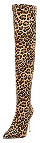Birdsight Chaussures Botte Cuissarde Femme Boots Longue Talon Haut 10CM Aiguille Bout Pointu Daim Chaud Winter Bootie Thigh High Stiletto Sexy(Léopard,45)