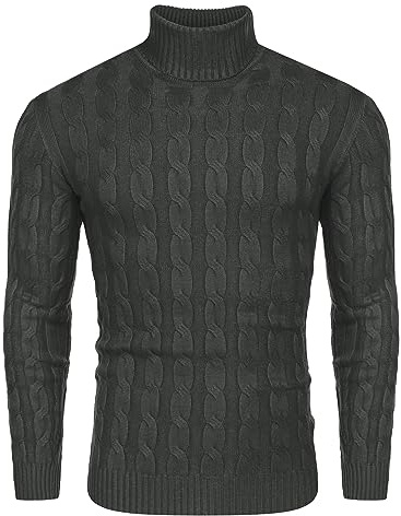 COOFANDY Herrtröja med polotröja stickad tröja vinter polotröja slim fit basic turtleneck tröja, Mörkgrå, S