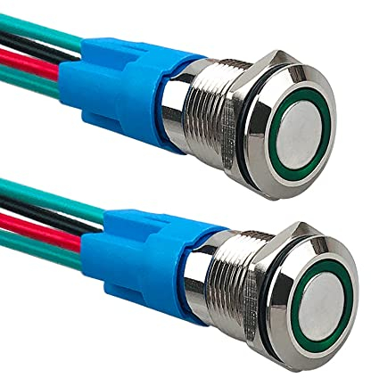 Aiqeer 2 Pièces 12 mm Commutateur Bouton-Poussoir Momentané, 12V / 24V 3A Interrupteur à Bouton-Poussoir en Acier Inoxydable Étanche IP66, avec Prise Pré-Câblée (LED Vert)