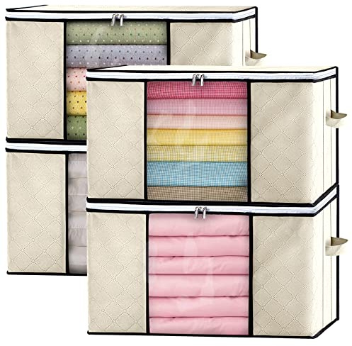 GoMaihe Cajas Almacenaje Ropa 4 PCS Bolsas para Guardar Ropa Cajas Almacenaje 60x40x35 cm Plegables Ventana Transparente con Cremallera, Para Organizador Armario Edredón de Almohadas Manta, Beige