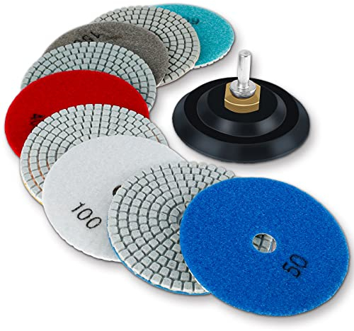 11Pcs Diamond Polishing Pads Kit, 4 inch 100mm Wet/Dry Diamond Polishing Pads for Granite Stone Concrete Marble Polishing, 50#-6000# Hook & Loop Backing Holder Disc for Polisher & Grinder(A)