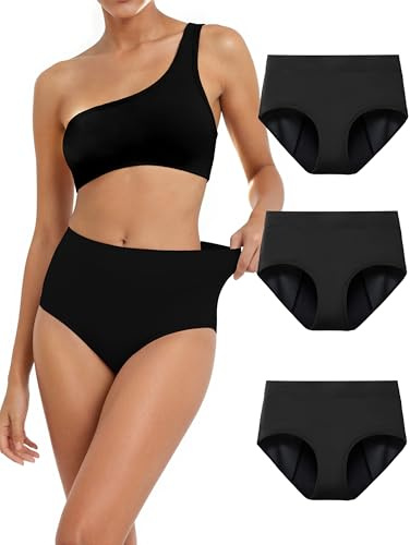 TIICHOO Culotte Menstruelle Ultra Absorbante Taille Haute Anti Fuite sous-vêtement Femme Culotte Regles Lot de 3(XXL, Noir de 3)