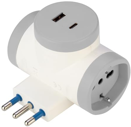 POLY POOL - PP2384 Adattatore Presa Doppia con 2 Prese USB - Adattatore Multipresa - 2 prese Pluristandard 10A/16A + Presa Schuko P40 – 2 Prese USB A+C