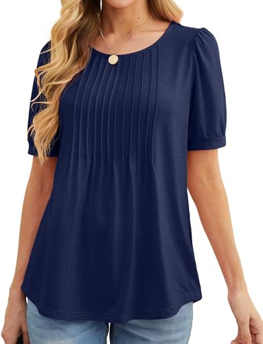 GRECERELLE Dam sommartoppar vardaglig mjuk kortärmad tunika framsida veckad vår rund hals t-shirts lös blus för damer