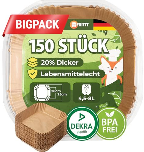 FRITTI Backpapier für Heißluftfritteuse 150 Stück DEKRA geprüft 20-25 cm quadratisch XL Heissluftfritteuse Zubehör Papier für Airfryer 4,5-8L