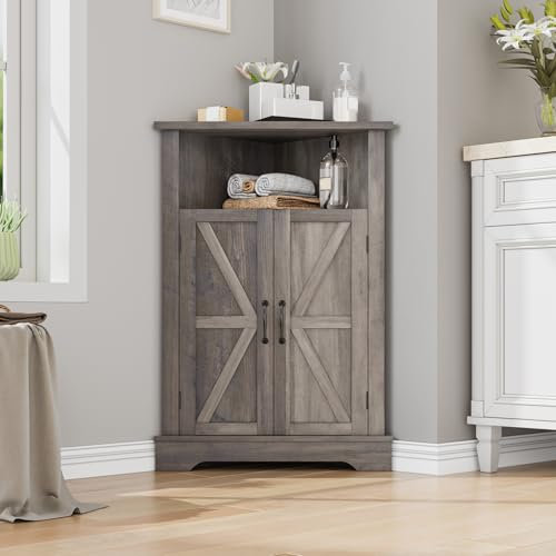 Mino Kesper Bathroom Corner Cabinet, Farmhouse Floor Corner Cabinet with Doors and Adjustable Shelves, Freestanding Wooden Storage Hutch Cupboard for Bathroom, Kitchen, Living Room,Grey