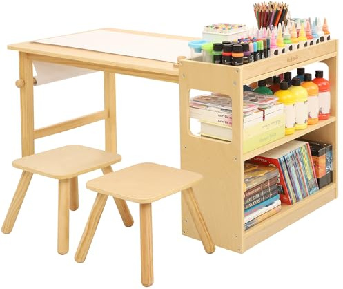 Bateso Juego de Mesa y 2 sillas de Arte para niños con Rollo de Papel - Amplia Mesa de Manualidades con estantes para Dibujar, Trabajar y Aprender - Muebles de Madera Ideales para el Juego Creativo