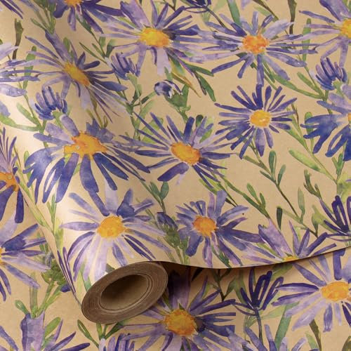 RUSPEPA Kraft-Geschenkpapierrolle – Minirolle – Hellviolettes Blumendesign, ideal für Geburtstage, Partys, Babypartys – 43,2 cm x 10 m