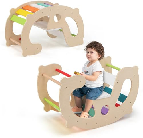 COSTWAY Kletterbogen, Klettergerüst Indoor für Kinder ab 1 Jahre, 2 in 1 Holz Kletterdreieck & Schaukelpferd, multifunktionaler Indoor Spielplatz Bogenwippe