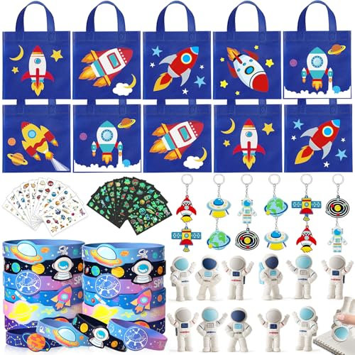 Toyssa Espacio Regalitos Cumpleaños Invitados Niños Relleno Piñata Bolsas de Regalo Astronauta Gomas de Borrar Pulsera de Silicona Llavero Tatuajes Juguetes Piñata Regalos Detalles Cumpleaños Niños