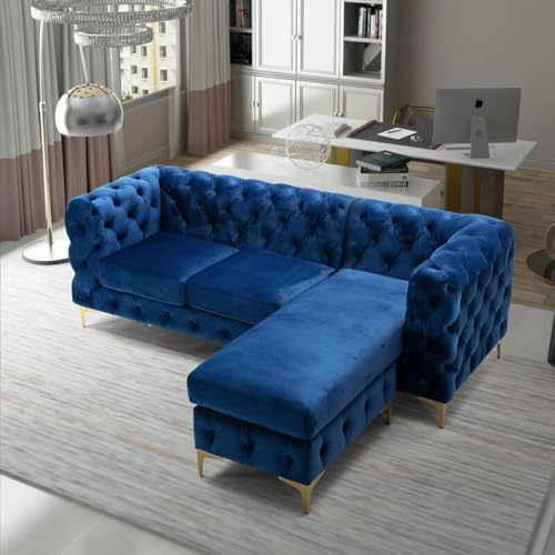 Snooze Chesterfield 3 Seater Sofa with Chaise Lounge – L Shape Right/Left Hand Corner Sofa – Deep Button Tufted Design with Gold Metal Legs – Couch for Living Room (Royal Blue, Right Hand Chaise)