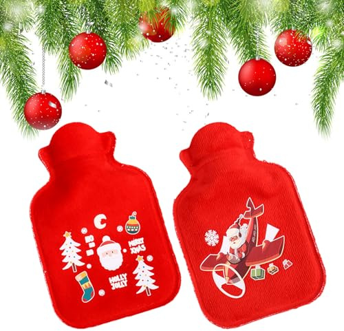 Borsa Dell'acqua Calda,2 Pezzi 1L Borsa Dell'acqua Calda con Coperchio Borsa Dell'acqua Calda Lavorata a Maglia Borsa Dell'acqua Calda Addensata in Gomma,Rossa Natale tema Babbo Natale
