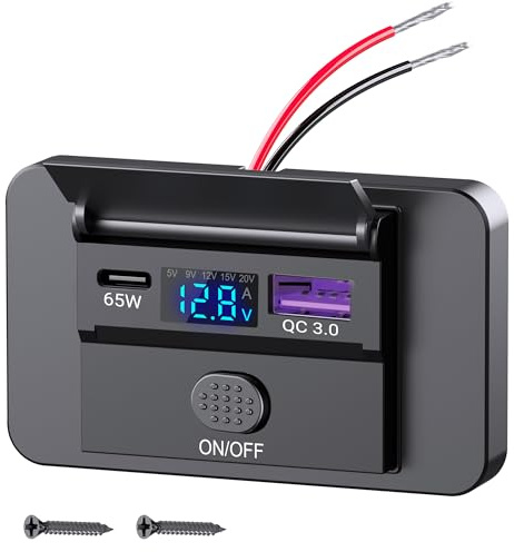 65 W PD ytmonterad USB-C biluttag: Typ C bil USB-uttag 12 V/24 V dubbelt uttag med på/av-strömbrytare och spänningsdisplay för bärbar dator husbil båt lastbil husvagn