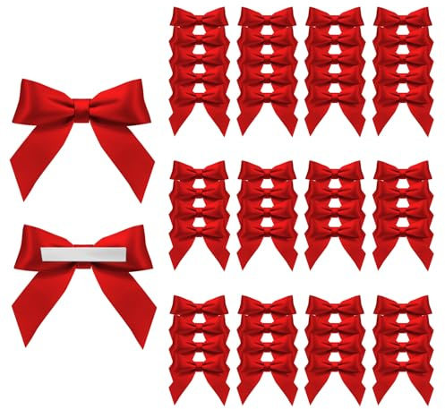 Acsatont 50 Unidades de Lazos Pequeños Decorativos, Lazos de Cinta de Raso Autoadhesivos, Lazos para Regalos para Manualidades para Envolver Regalos, San Valentín, Bodas, Navidad (Rojo)