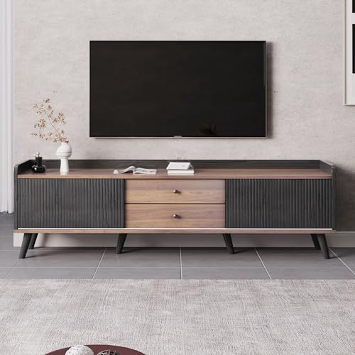 Generisch Meuble TV avec deux tiroirs, table TV, meuble bas TV avec deux portes coulissantes, noir et couleur bois naturel, H58/L160/P40 cm,Noir