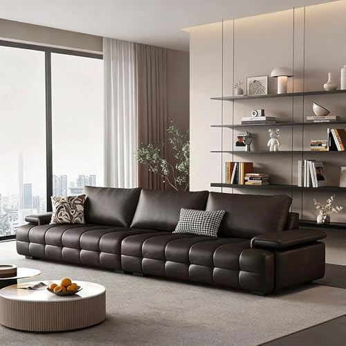 Italiensk lyxig modern enkel lädersoffa, massiv träram, rymlig och mjuk soffa, modern stor storlek, lämplig för vardagsrum/kontor/lägenhet.