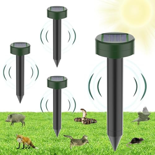 Solar Ultrasónico Ahuyentador de Topos, Impermeable Repelente para Ratas Ultrasónico Solar Se Utiliza para Repeler Topos, Topillos, Serpientes y Lagartos Protege el Césped y Los Jardines, 4 Piezas