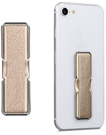 kwmobile Agarre elástico para móvil con Soporte - Banda de sujeción para Dedo - Correa Trasera de Cuero sintético para Smartphone - En Dorado