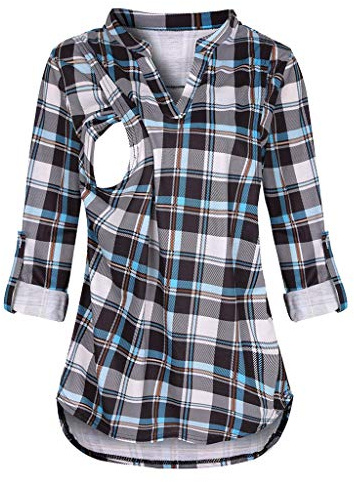 Chaconka Camisa de lactancia para mujer, de manga larga, cuello redondo, camiseta a cuadros sólidos, talla grande Atuomna invierno, Blue-À Carreaux, XXL