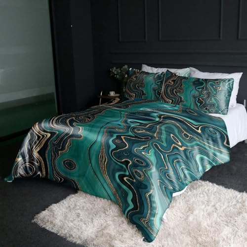 BlessLiving Green Marble Satin Silky Duvet Cover Set Single | Brushed Microfiber; 3 pcs; Soft; Pillowcases; Bedding; BlessLiving Green Marble Satin Silky Duvet; Cover; Single; Gold